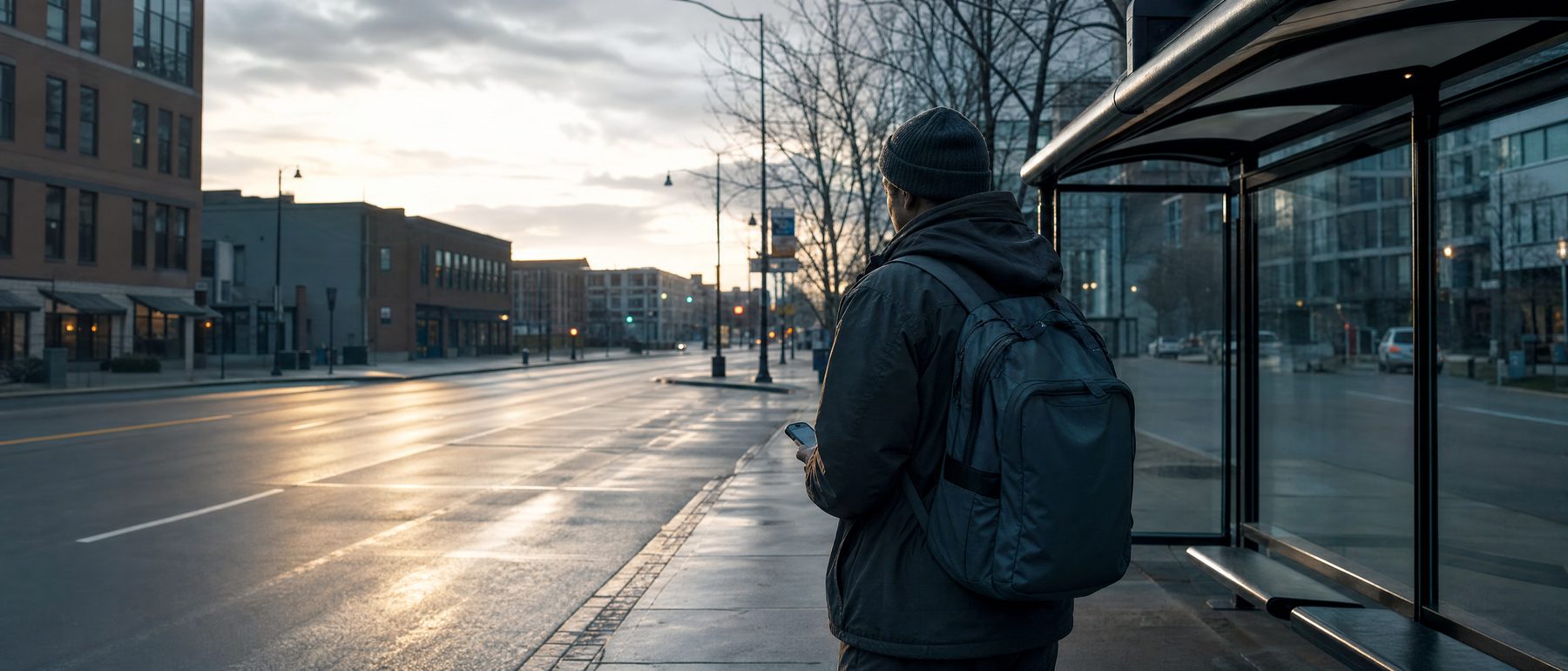 A commuter at a bus stop checking a cash advance app on a phone