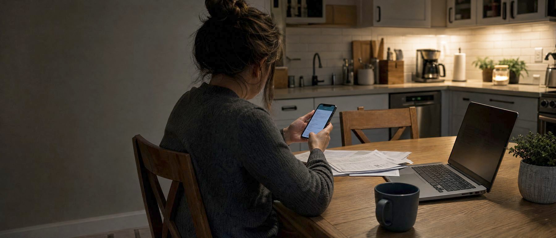 A borrower at a kitchen table at night checking an online loan offer on a phone