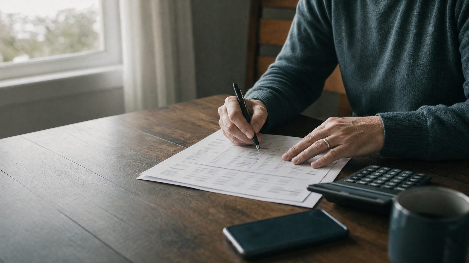 Hands marking payday loan debits on a printed bank statement with a pen